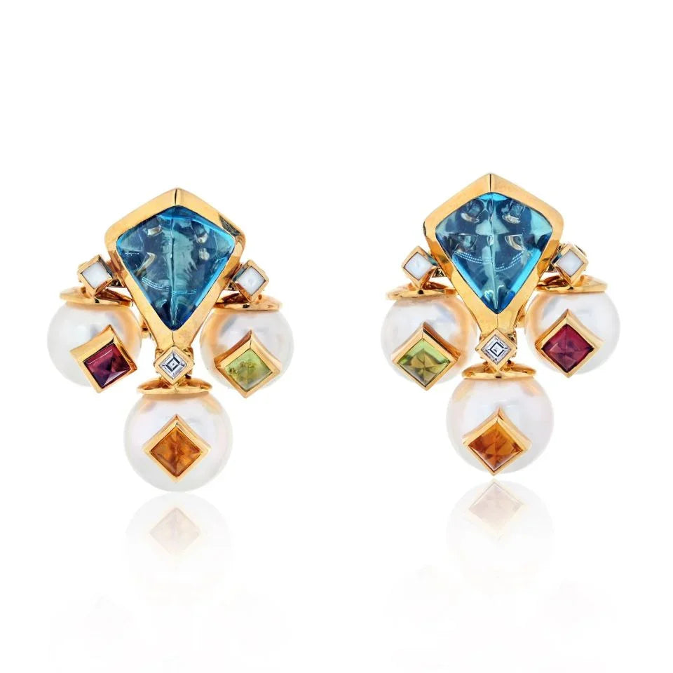 Marina B. 18K Yellow Gold Pearl, Multicolor, Topaz, Gemmy Earrings - The Back Vault