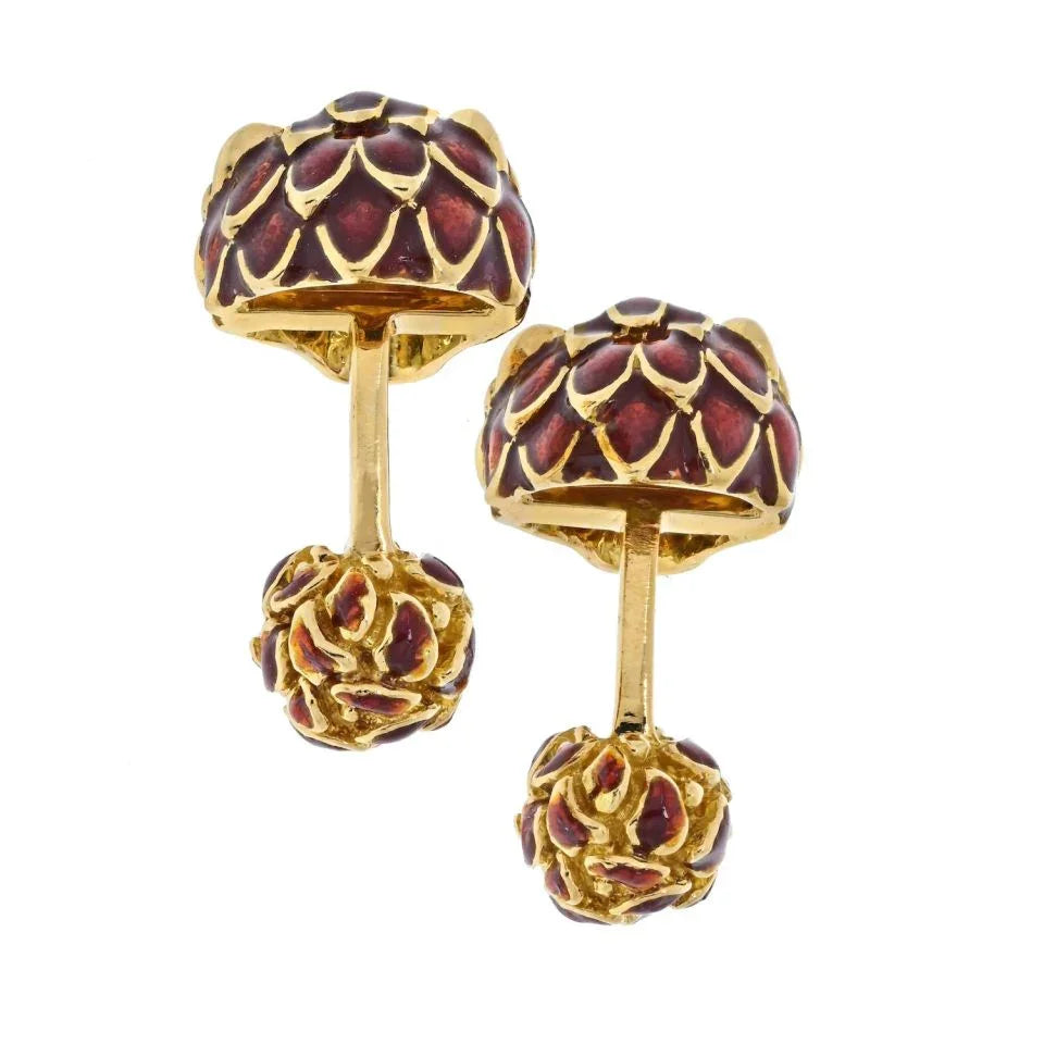 David Webb 18K Yellow Gold Red Enamel Lion Heads Cuff Links - The Back Vault
