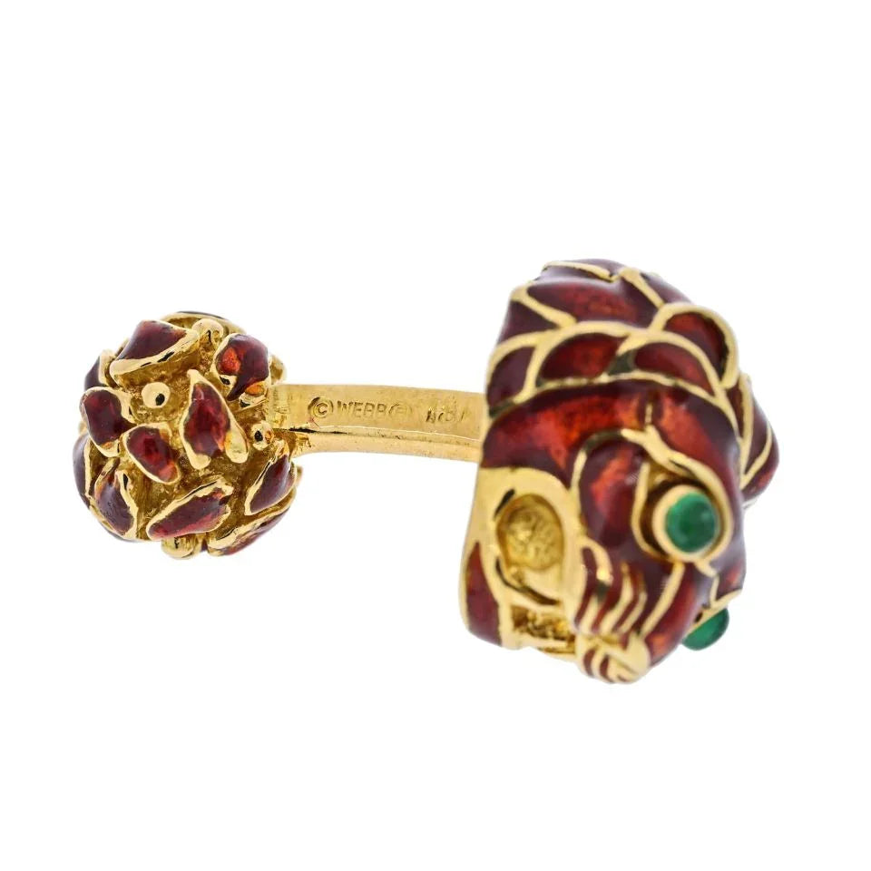 David Webb 18K Yellow Gold Red Enamel Lion Heads Cuff Links - The Back Vault