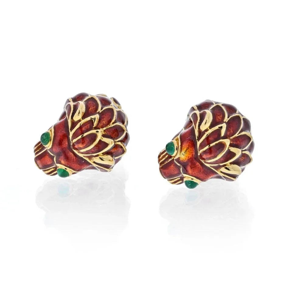 David Webb 18K Yellow Gold Red Enamel Lion Heads Cuff Links - The Back Vault