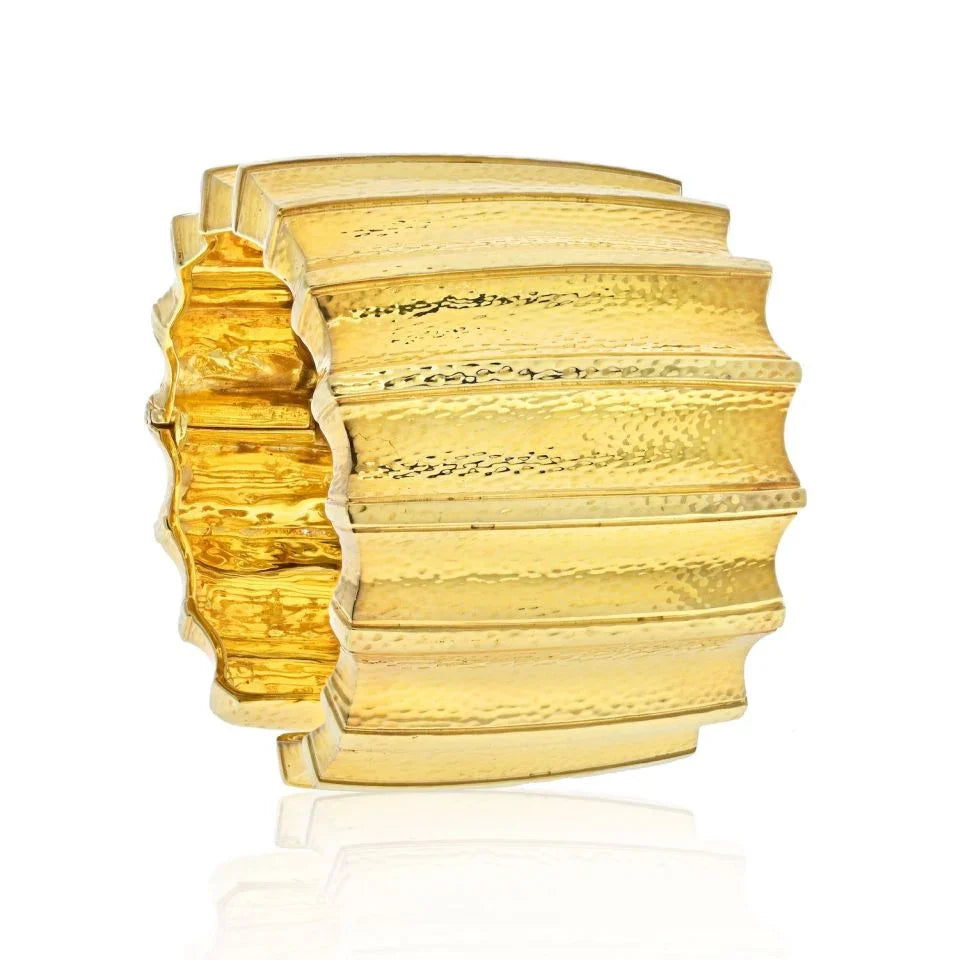 David Webb Platinum & 18K Yellow Gold Ridge Wide Hammered Cuff Bracelet - The Back Vault