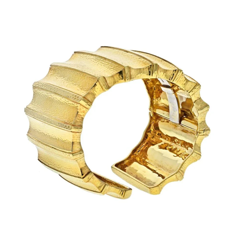 David Webb Platinum & 18K Yellow Gold Ridge Wide Hammered Cuff Bracelet - The Back Vault