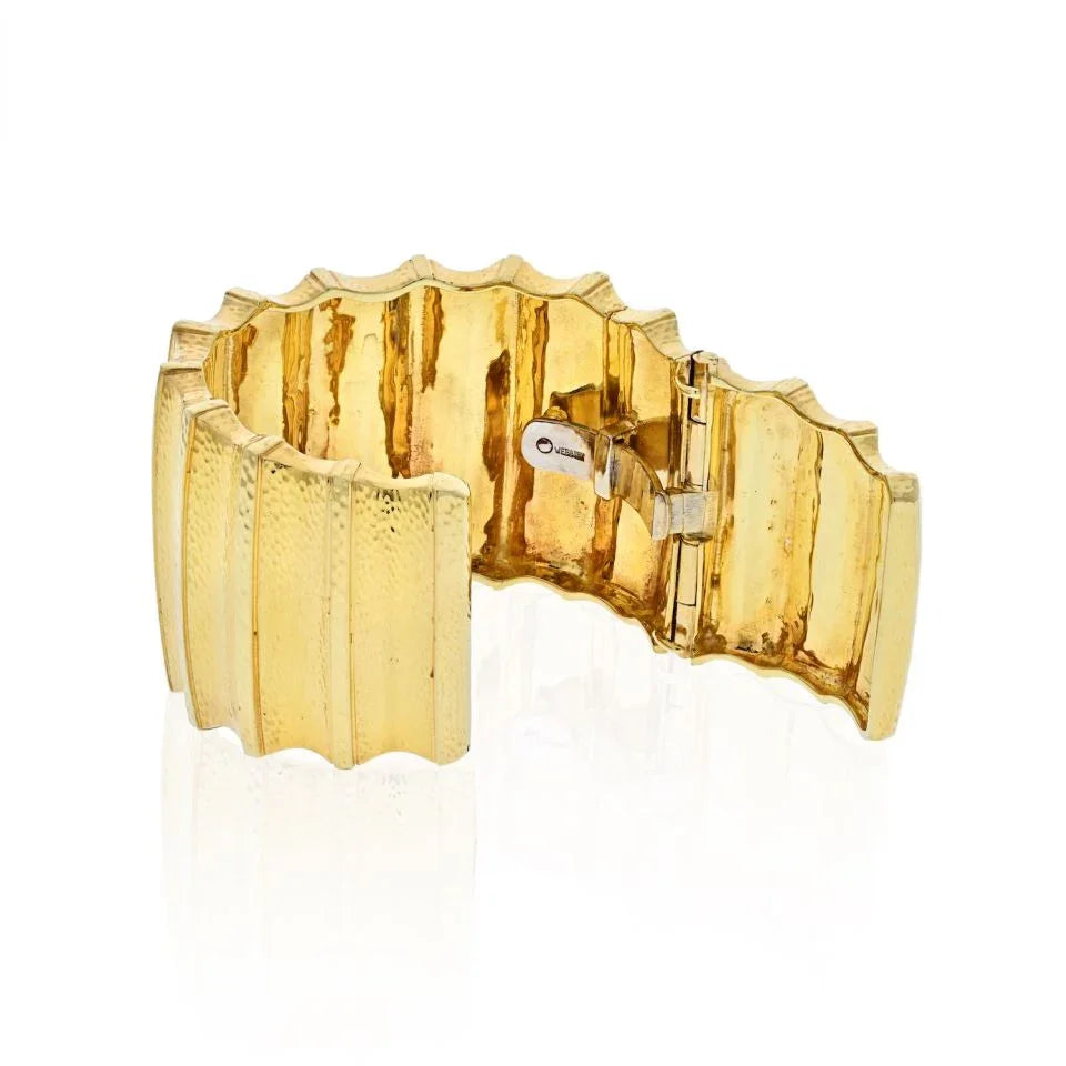David Webb Platinum & 18K Yellow Gold Ridge Wide Hammered Cuff Bracelet - The Back Vault