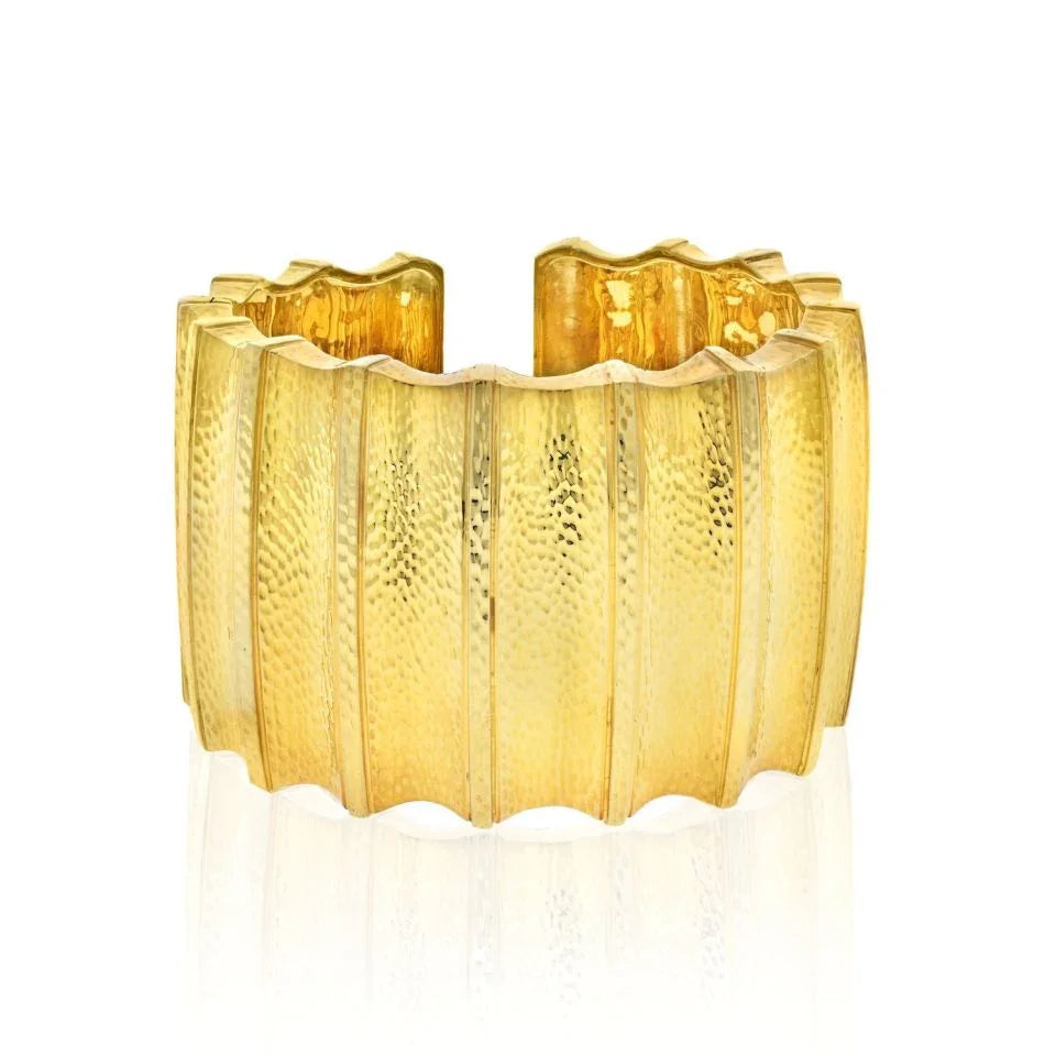 David Webb Platinum & 18K Yellow Gold Ridge Wide Hammered Cuff Bracelet - The Back Vault