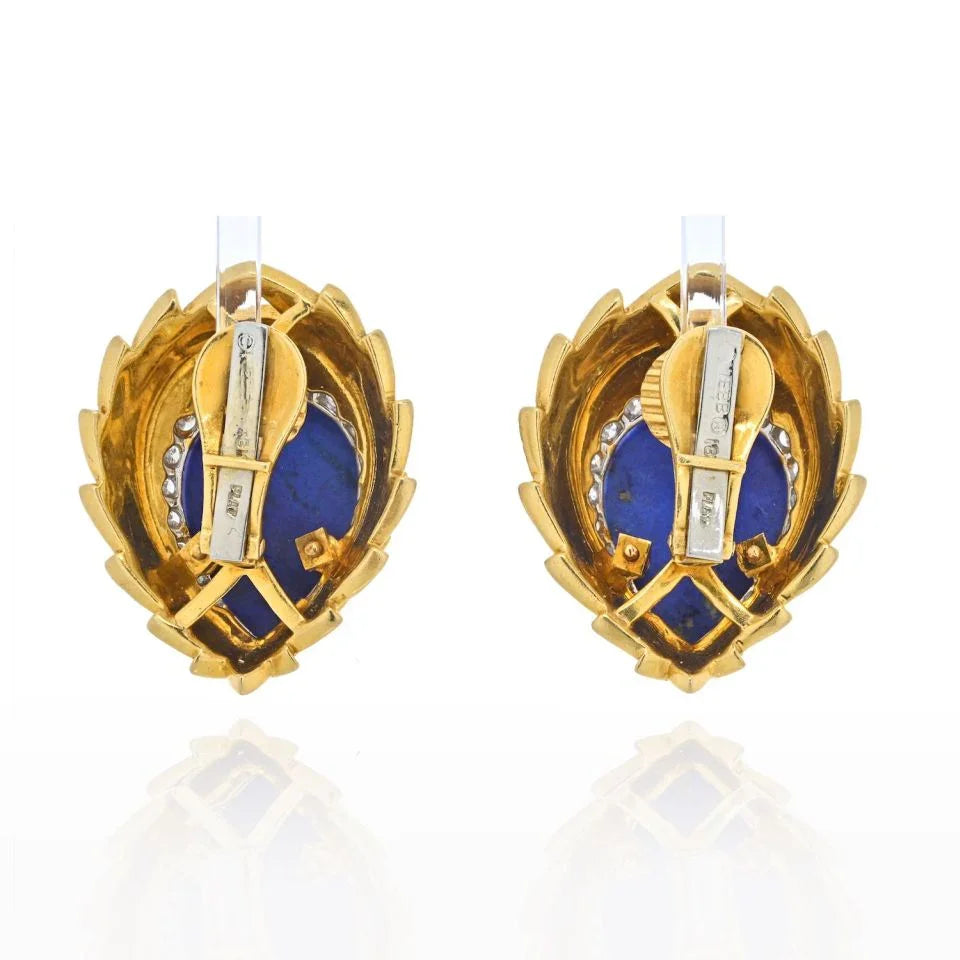 David Webb Blue Lapis, Diamonds and White Enamel Earrings - The Back Vault