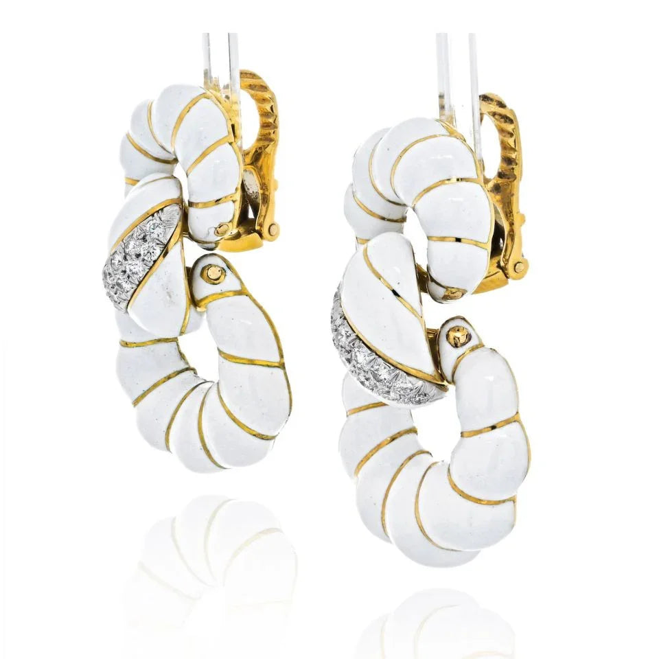 David Webb Platinum & 18K Yellow Gold Fancy Hoop White Enamel Earrings - The Back Vault