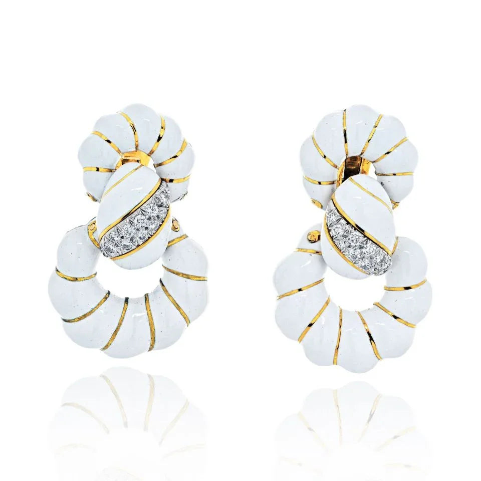 David Webb Platinum & 18K Yellow Gold Fancy Hoop White Enamel Earrings - The Back Vault