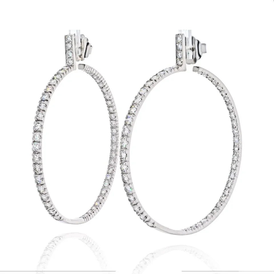 18K White Gold 9.25 Carats 2 Inch Hoop Diamond Earrings - The Back Vault