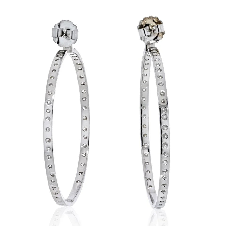 18K White Gold 9.25 Carats 2 Inch Hoop Diamond Earrings - The Back Vault