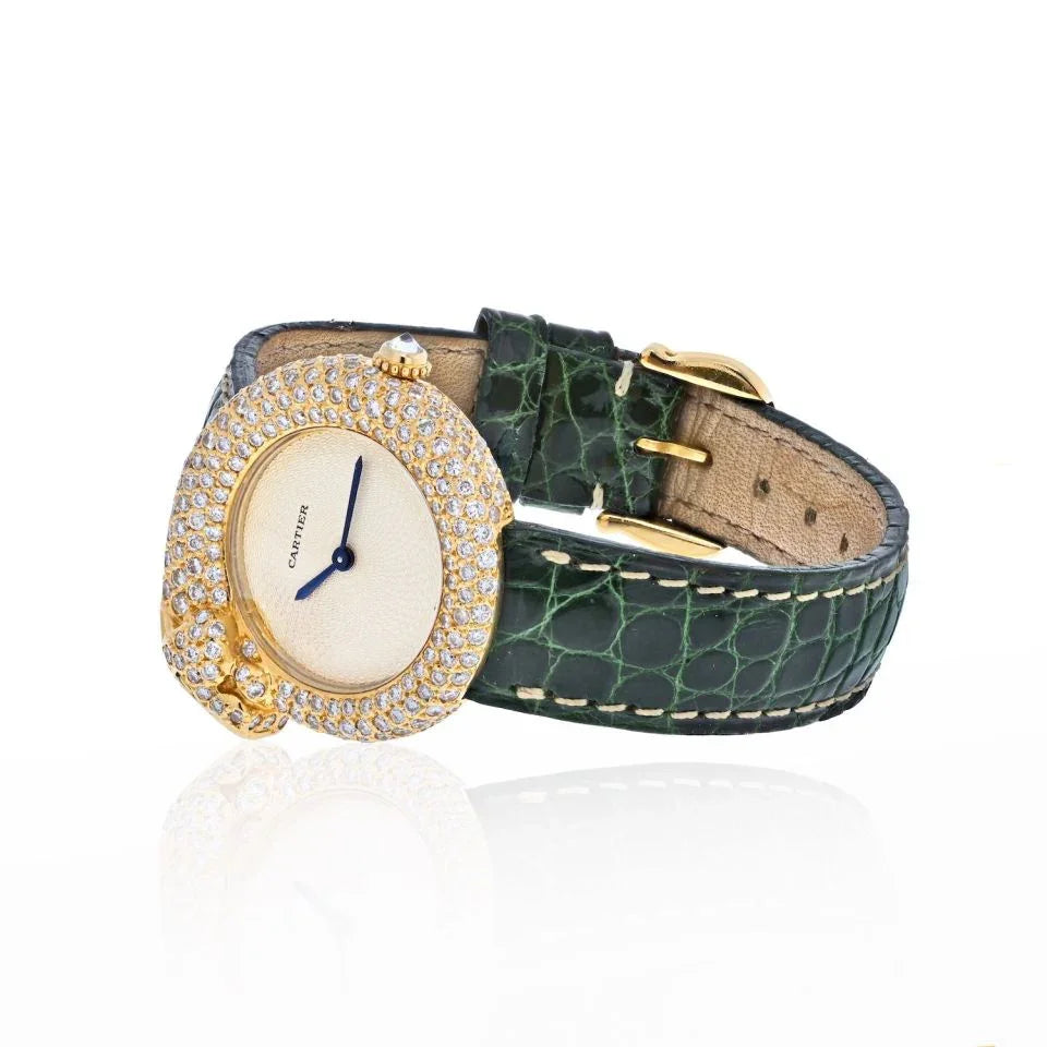 Cartier 18K Yellow Gold Diamond Panthere 1925 Leather Bracelet Women Watch - The Back Vault