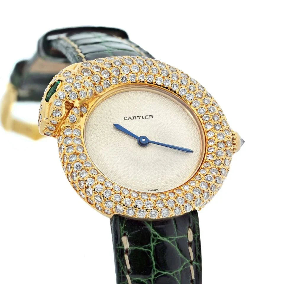Cartier 18K Yellow Gold Diamond Panthere 1925 Leather Bracelet Women Watch - The Back Vault