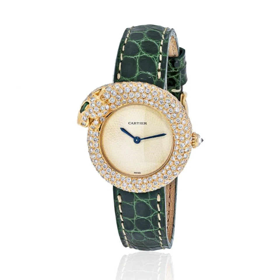 Cartier 18K Yellow Gold Diamond Panthere 1925 Leather Bracelet Women Watch - The Back Vault