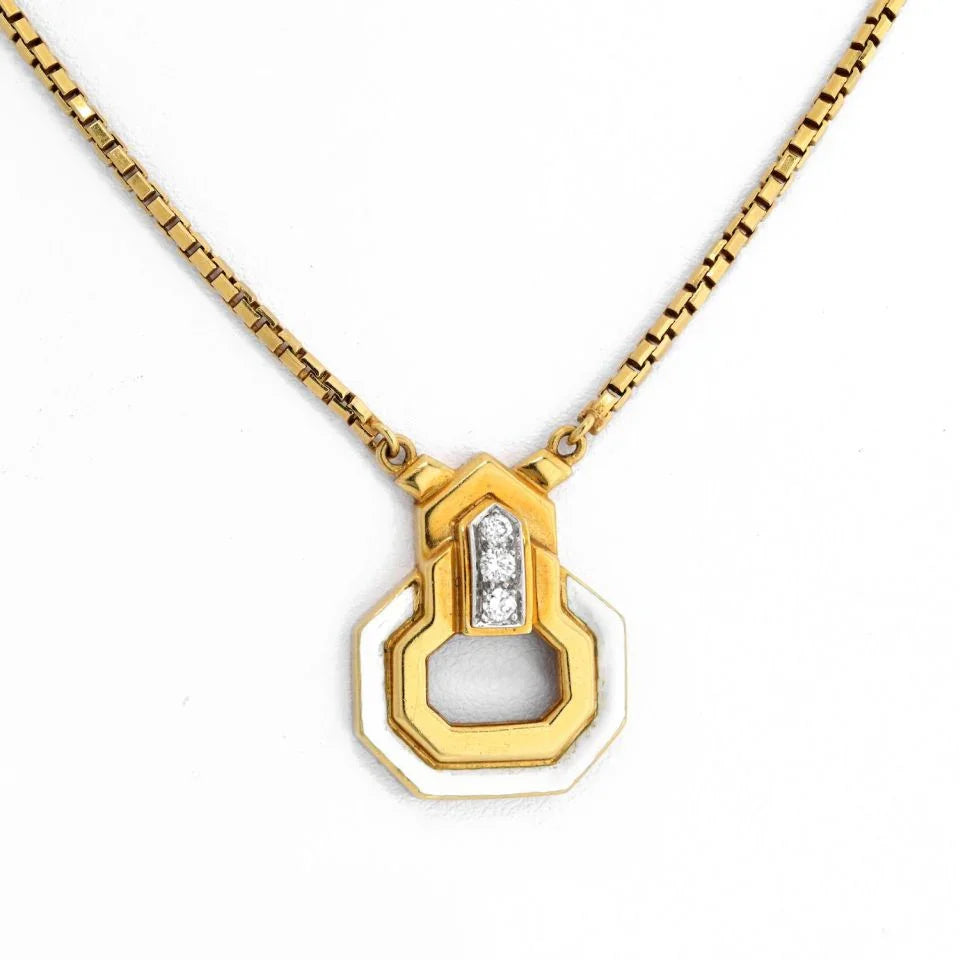 David Webb 18K Yellow Gold White Enamel, Diamond Necklace - The Back Vault