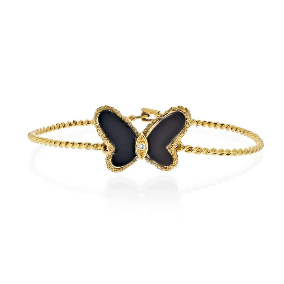 Van Cleef & Arpels 18K Yellow Gold Black Onyx Vintage Diamond Butterfly Bracelet - The Back Vault