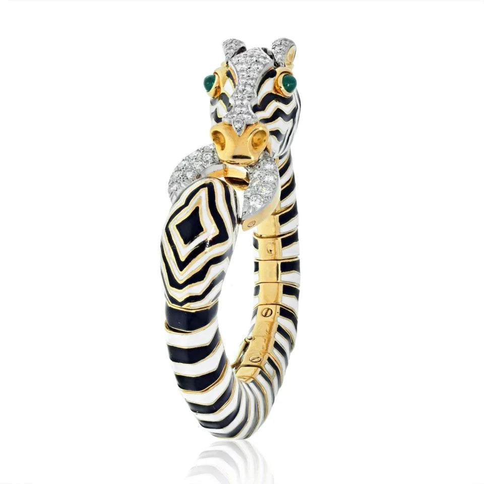 David Webb Platinum & 18K Yellow Gold Zebra Black And White Enamel Diamond Bracelet - The Back Vault
