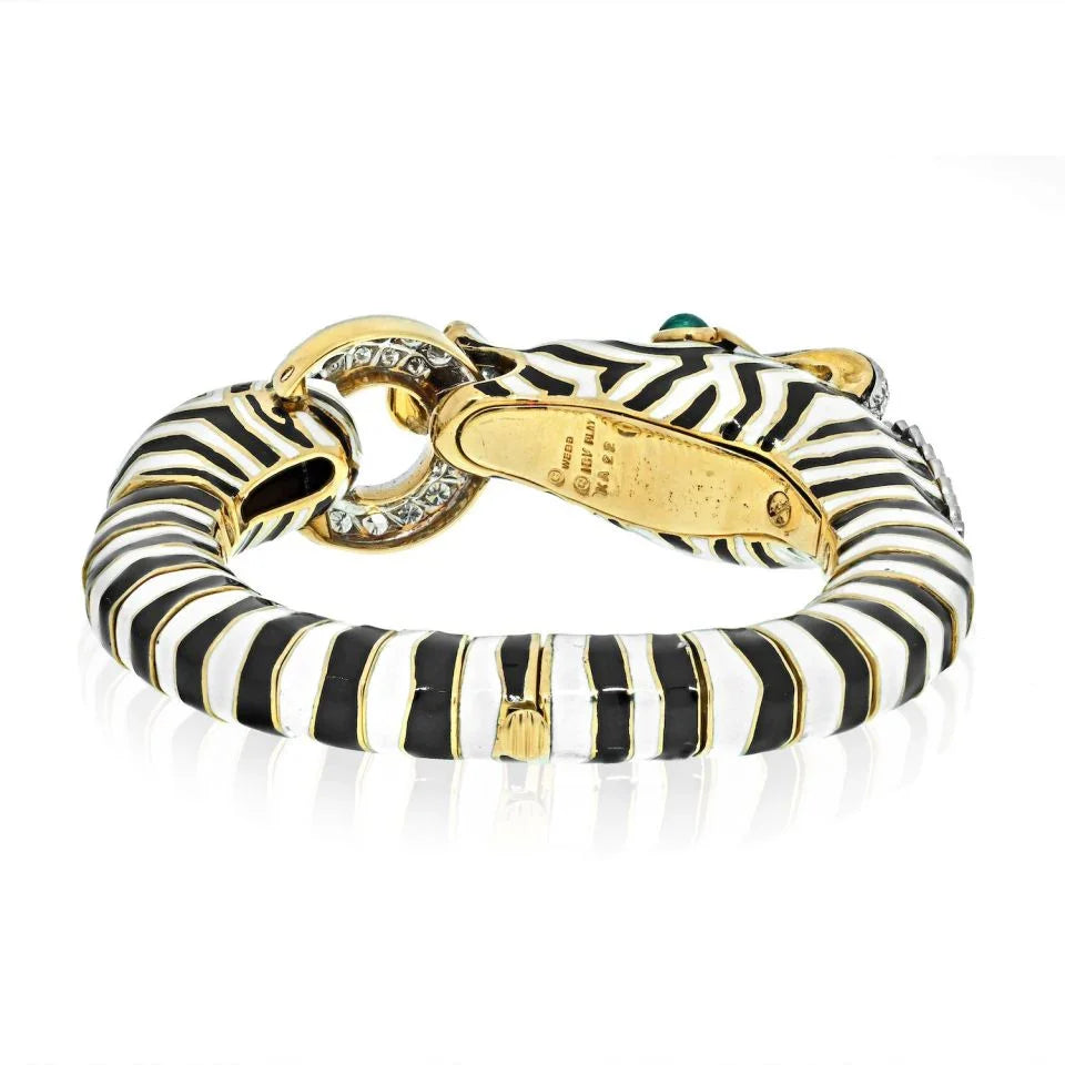 David Webb Platinum & 18K Yellow Gold Zebra Black And White Enamel Diamond Bracelet - The Back Vault