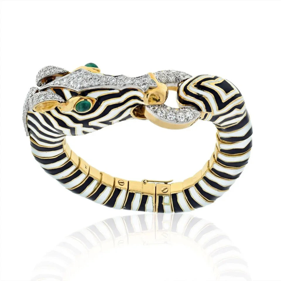 David Webb Platinum & 18K Yellow Gold Zebra Black And White Enamel Diamond Bracelet - The Back Vault