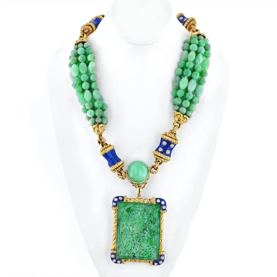 David Webb Platinum & 18K Yellow Gold Jade, Diamond, Blue Enamel Necklace - The Back Vault