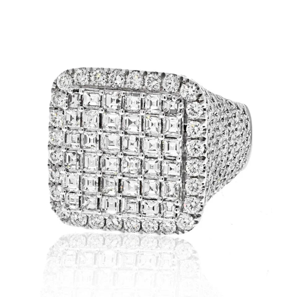 14K White Gold 11 Carat Round And Square Cut Cluster Diamond Mens Ring - The Back Vault