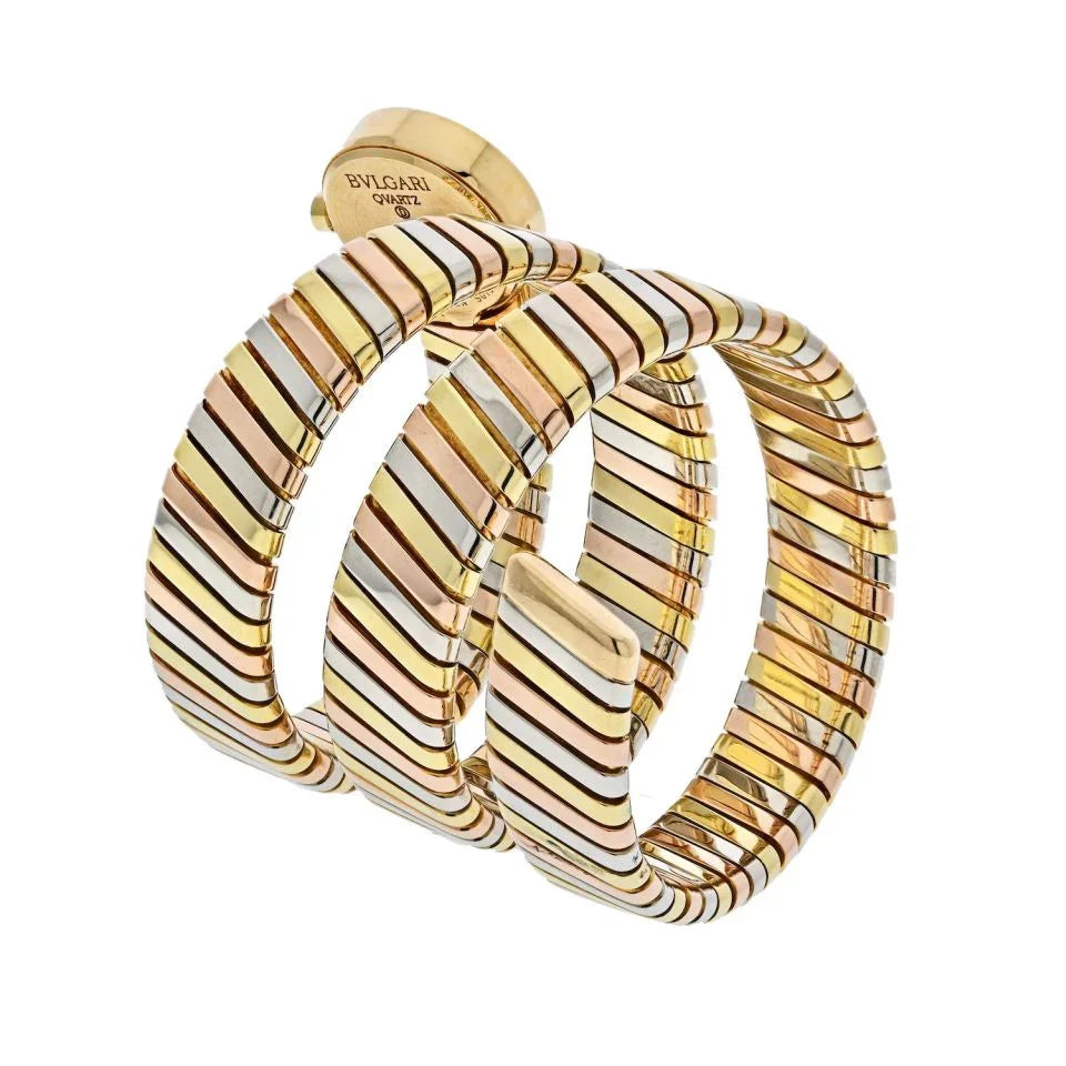Bvlgari 18K Tri Color Tubogas Serpenti BB191T Double Wrap Black Dial Women Watch - The Back Vault
