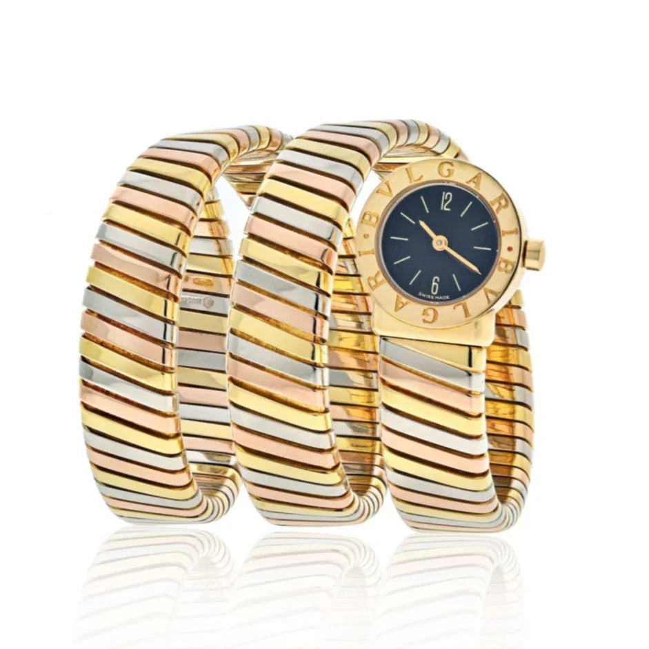 Bvlgari 18K Tri Color Tubogas Serpenti BB191T Double Wrap Black Dial Women Watch - The Back Vault
