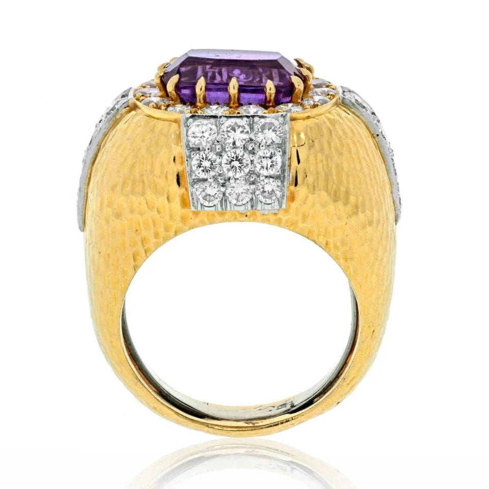 David Webb 18K Yellow Gold Oval Amethyst And Diamond Hammered Finish Ring - The Back Vault