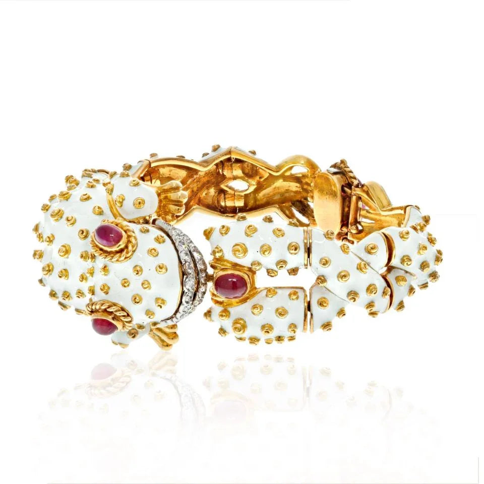 David Webb Platinum & 18K Yellow Gold White Enamel Frog With Ruby Eyes Bracelet - The Back Vault