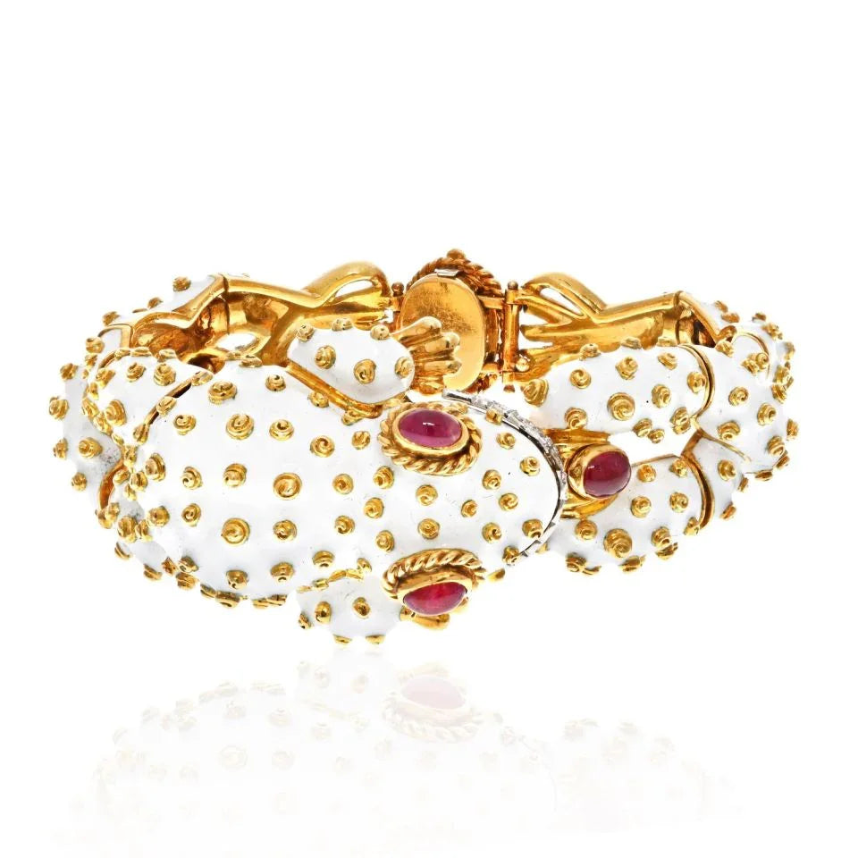 David Webb Platinum & 18K Yellow Gold White Enamel Frog With Ruby Eyes Bracelet - The Back Vault