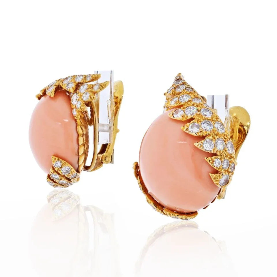 David Webb Platinum & 18K Yellow Gold Button Light Pink Coral and Diamond Earrings - The Back Vault