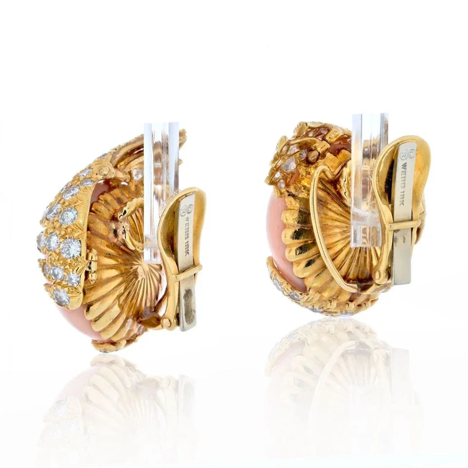 David Webb Platinum & 18K Yellow Gold Button Light Pink Coral and Diamond Earrings - The Back Vault