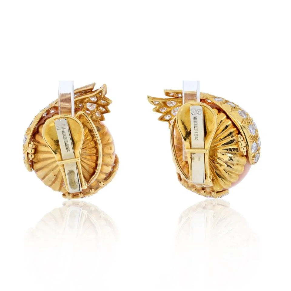 David Webb Platinum & 18K Yellow Gold Button Light Pink Coral and Diamond Earrings - The Back Vault