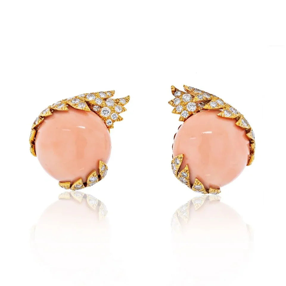 David Webb Platinum & 18K Yellow Gold Button Light Pink Coral and Diamond Earrings - The Back Vault