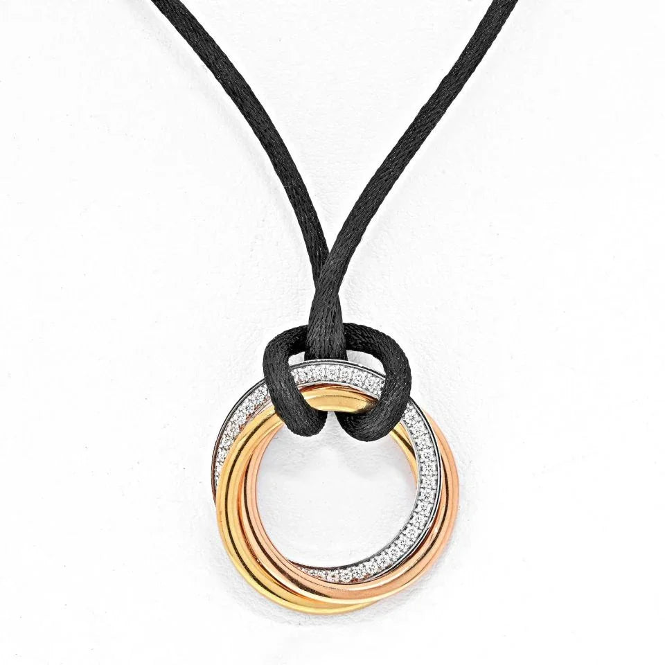 Cartier 18K Tri Color Trinity With Diamonds Pendant On A Black Cord Necklace - The Back Vault