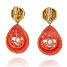 David Webb Platinum & 18K Yellow Gold Cultured Pearl, Coral and Enamel Clip Earrings - The Back Vault