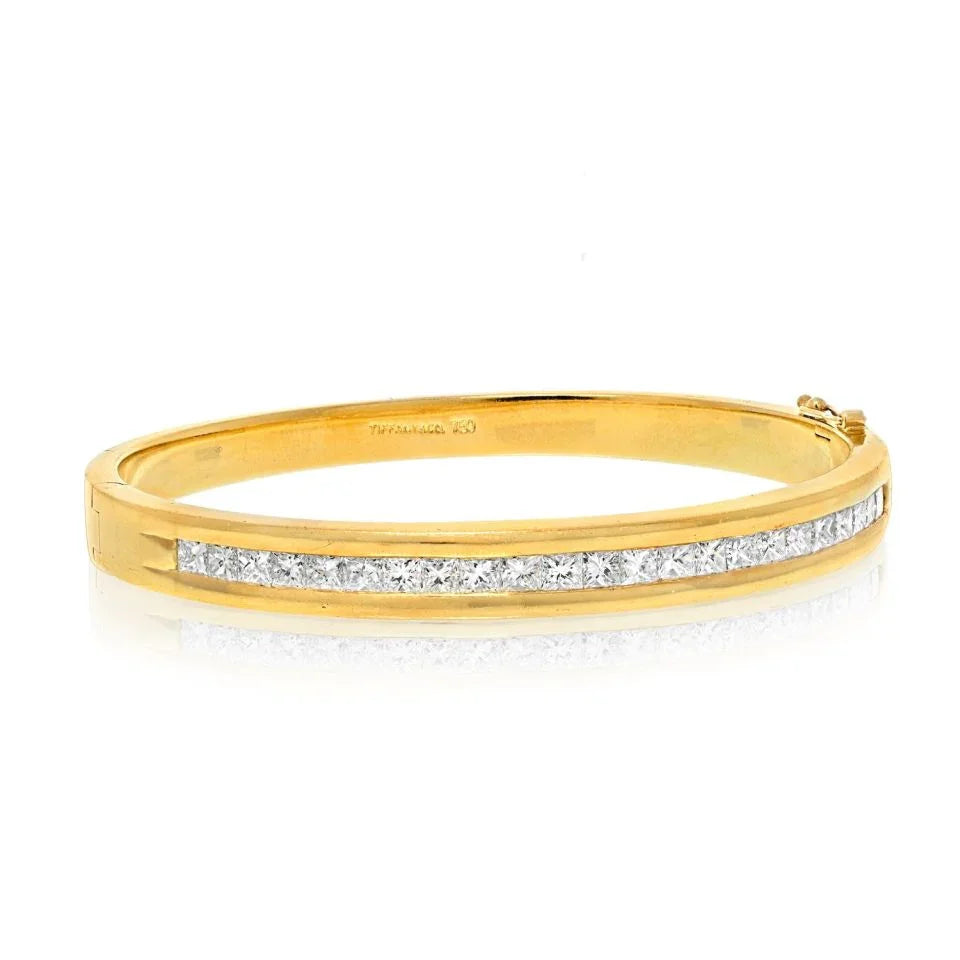 Tiffany 18K Yellow Gold Princess Cut Diamond Classic Bangle  Bracelet