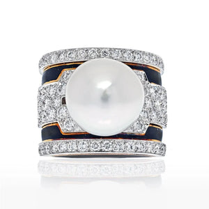 David Webb Platinum & 18K Yellow Gold Pearl, Diamond, Black Enamel Ring