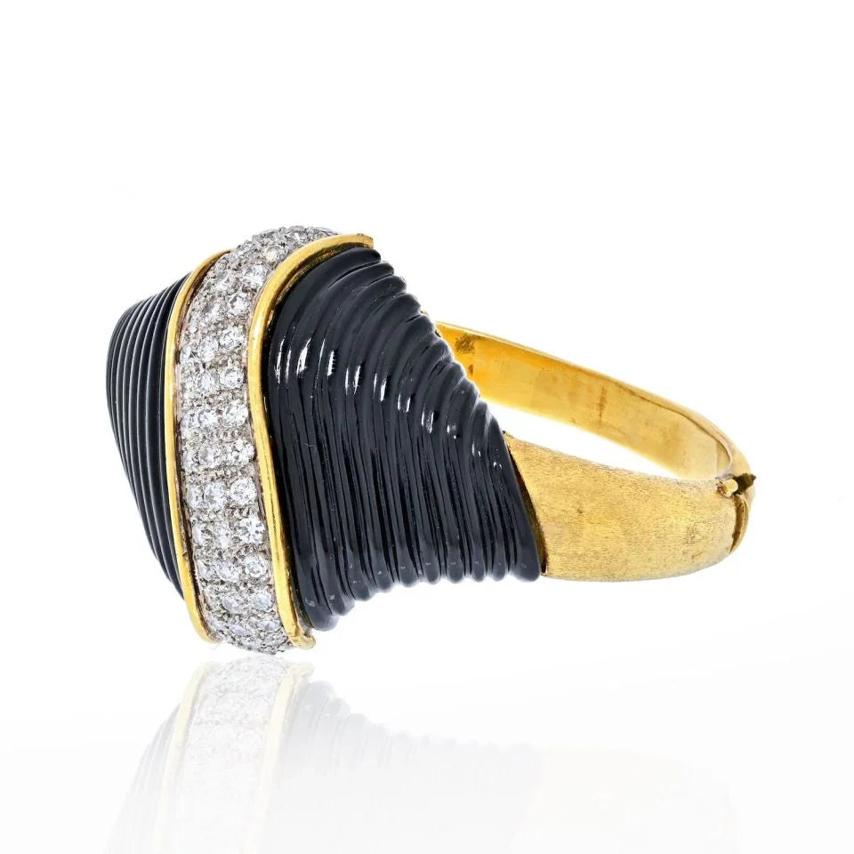 18K Yellow Gold Diamond and Onyx Retro Clamper Bangle Bracelet - The Back Vault