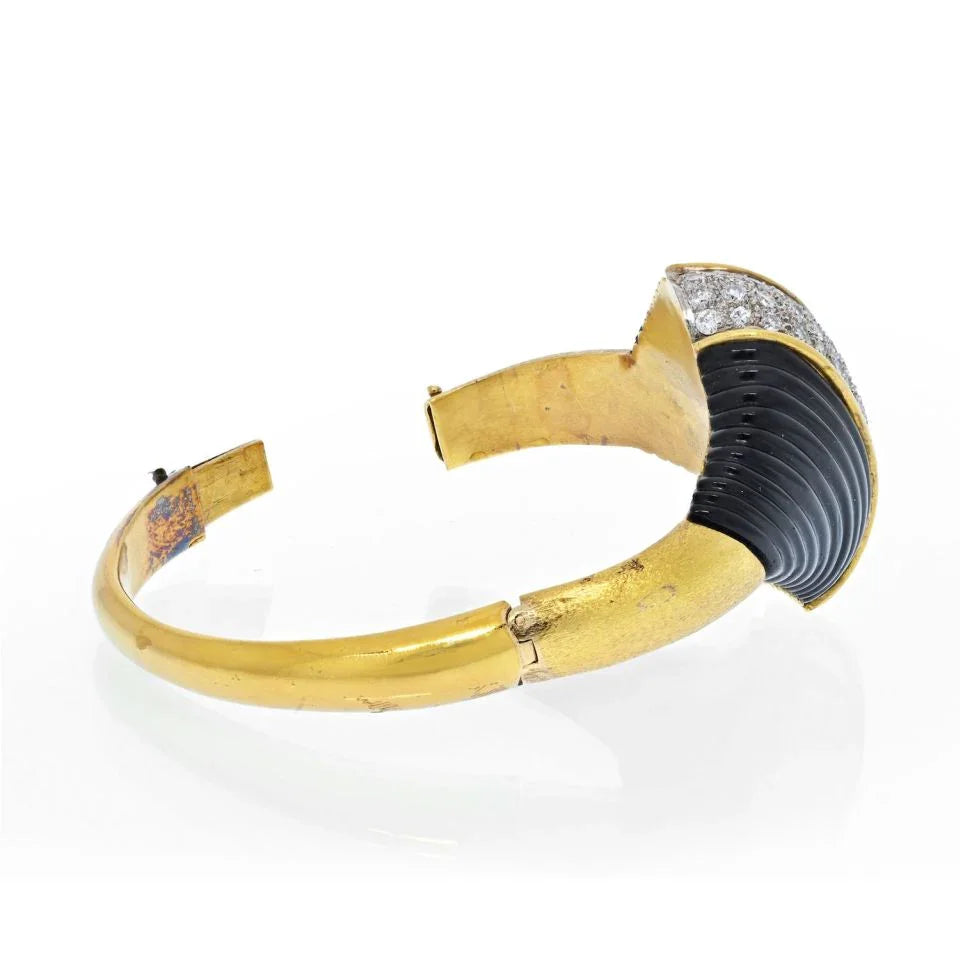 18K Yellow Gold Diamond and Onyx Retro Clamper Bangle Bracelet - The Back Vault