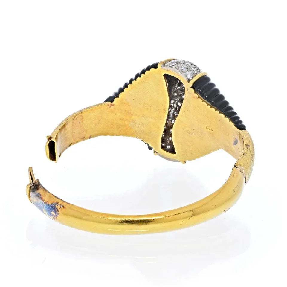 18K Yellow Gold Diamond and Onyx Retro Clamper Bangle Bracelet - The Back Vault