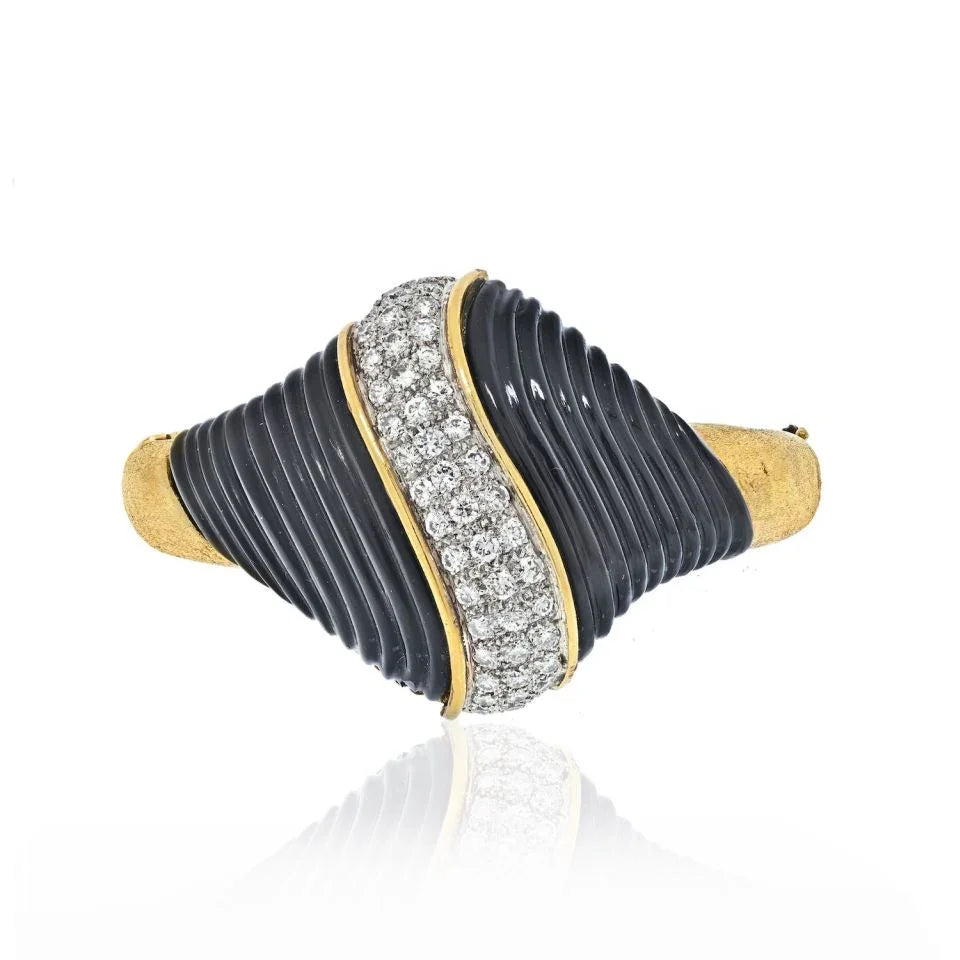 18K Yellow Gold Diamond and Onyx Retro Clamper Bangle Bracelet - The Back Vault