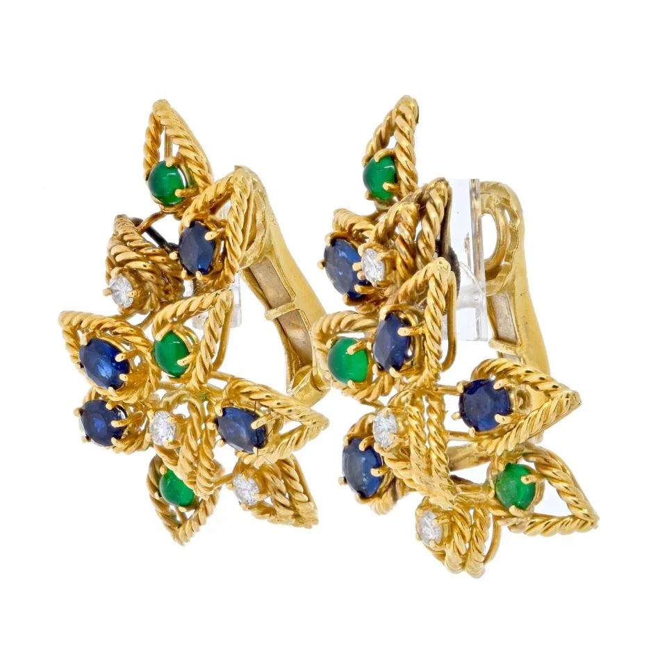 18K Yellow Gold Sapphire, Emerald And Diamond Foilage Motif Earrings - The Back Vault
