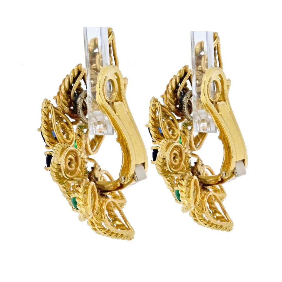 18K Yellow Gold Sapphire, Emerald And Diamond Foilage Motif Earrings - The Back Vault