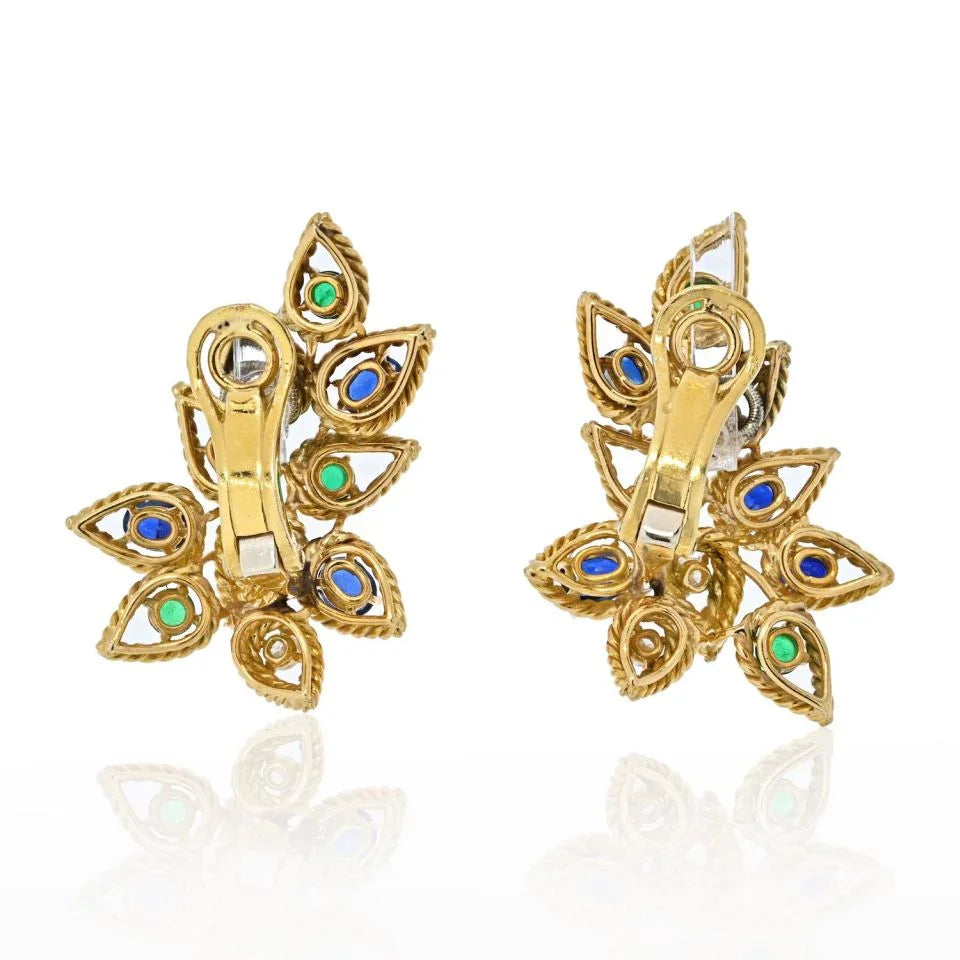 18K Yellow Gold Sapphire, Emerald And Diamond Foilage Motif Earrings - The Back Vault