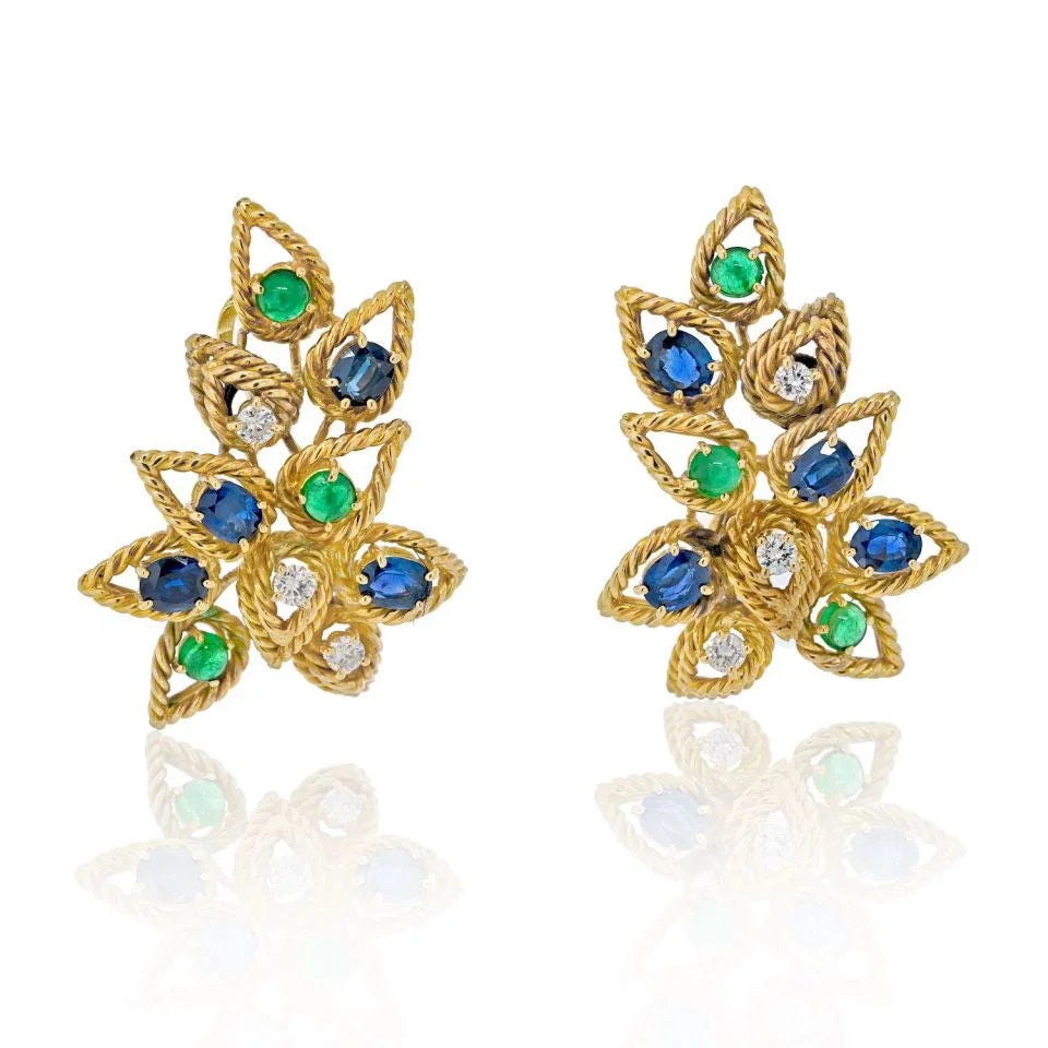 18K Yellow Gold Sapphire, Emerald And Diamond Foilage Motif Earrings - The Back Vault