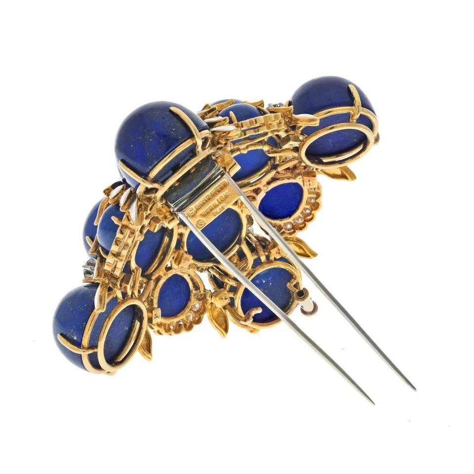 David Webb Platinum & 18K Yellow Gold 1960's Maltese Lapis, Enamel Cross Style Brooch - The Back Vault