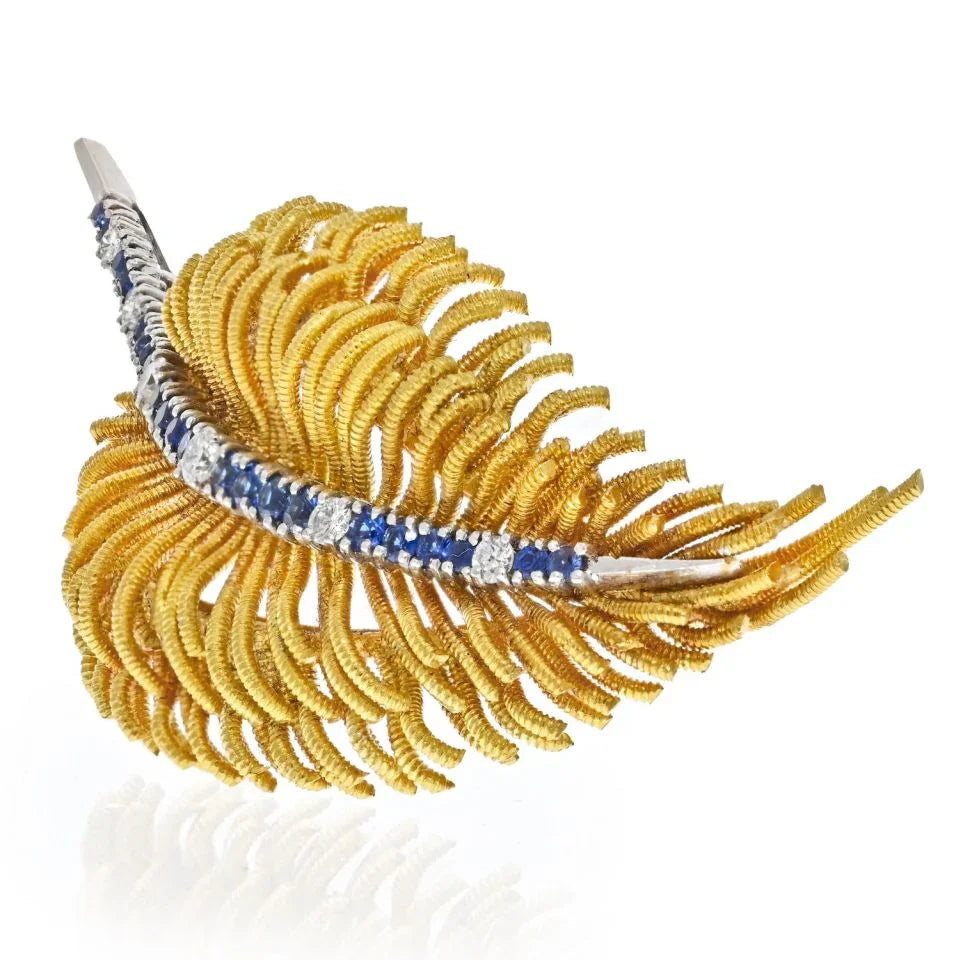 18K Yellow Gold Diamond and Sapphire Leaf Brooch - The Back Vault