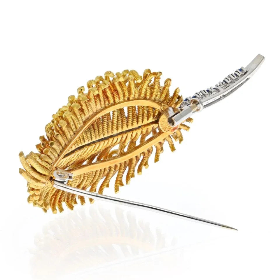 18K Yellow Gold Diamond and Sapphire Leaf Brooch - The Back Vault