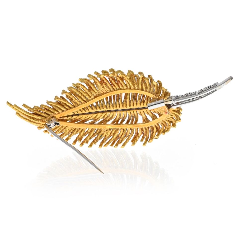 18K Yellow Gold Diamond and Sapphire Leaf Brooch - The Back Vault