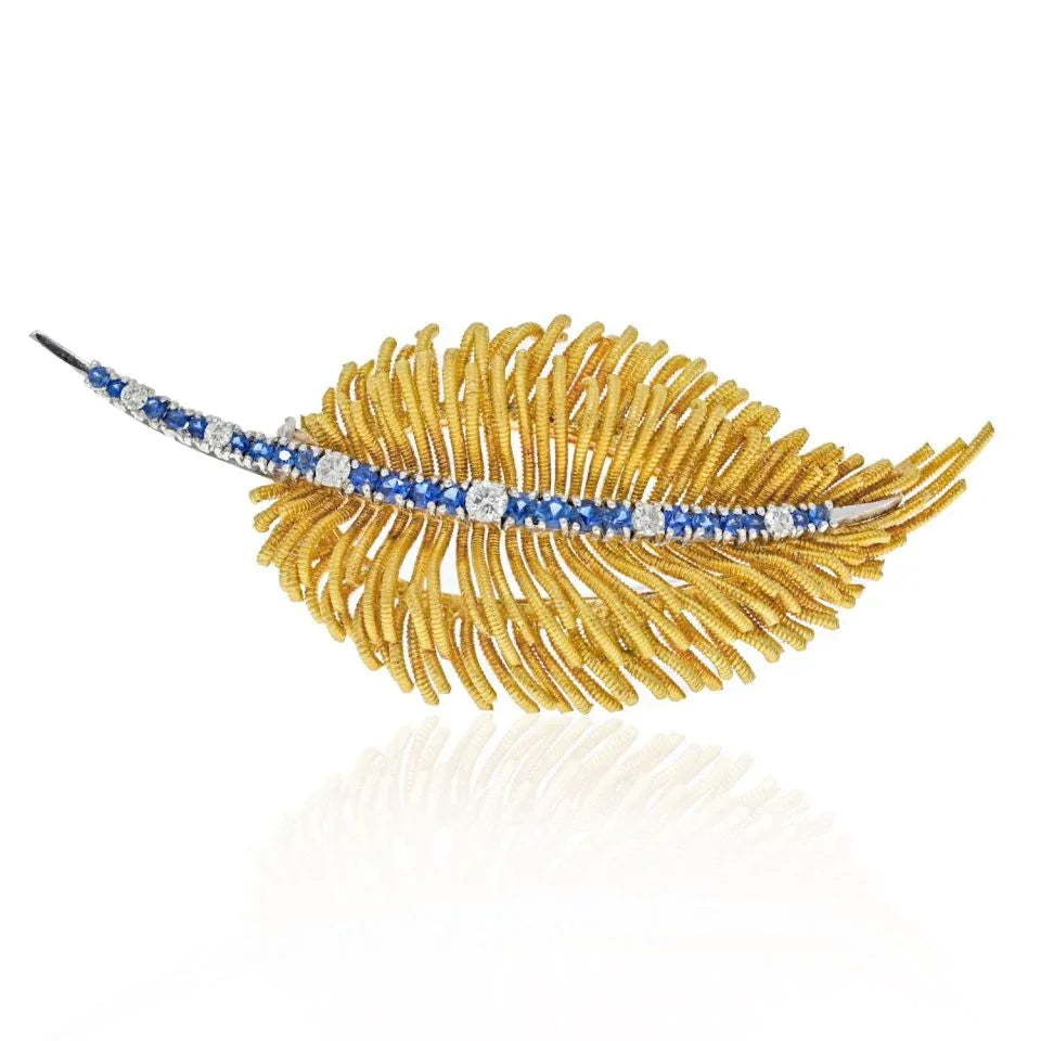 18K Yellow Gold Diamond and Sapphire Leaf Brooch - The Back Vault