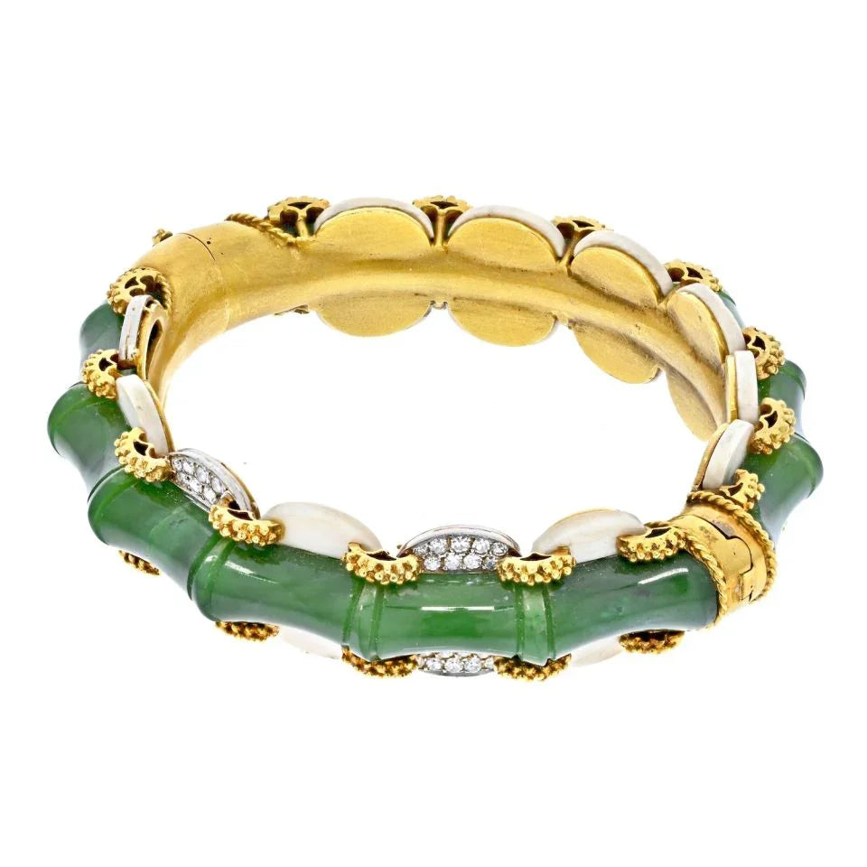 H. Stern 18K Yellow Gold 1950 Brazil Diamonds, Coral, Nephrite Jade Bracelet - The Back Vault